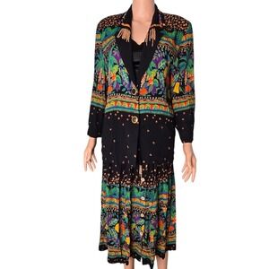 Carole Little Petites Vintage 90s Tropical Floral Skirt Set Beaded Fringe Black